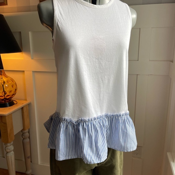 J. Crew White and Blue Striped Ruffle Tank Top Size Small - Picture 1 of 1